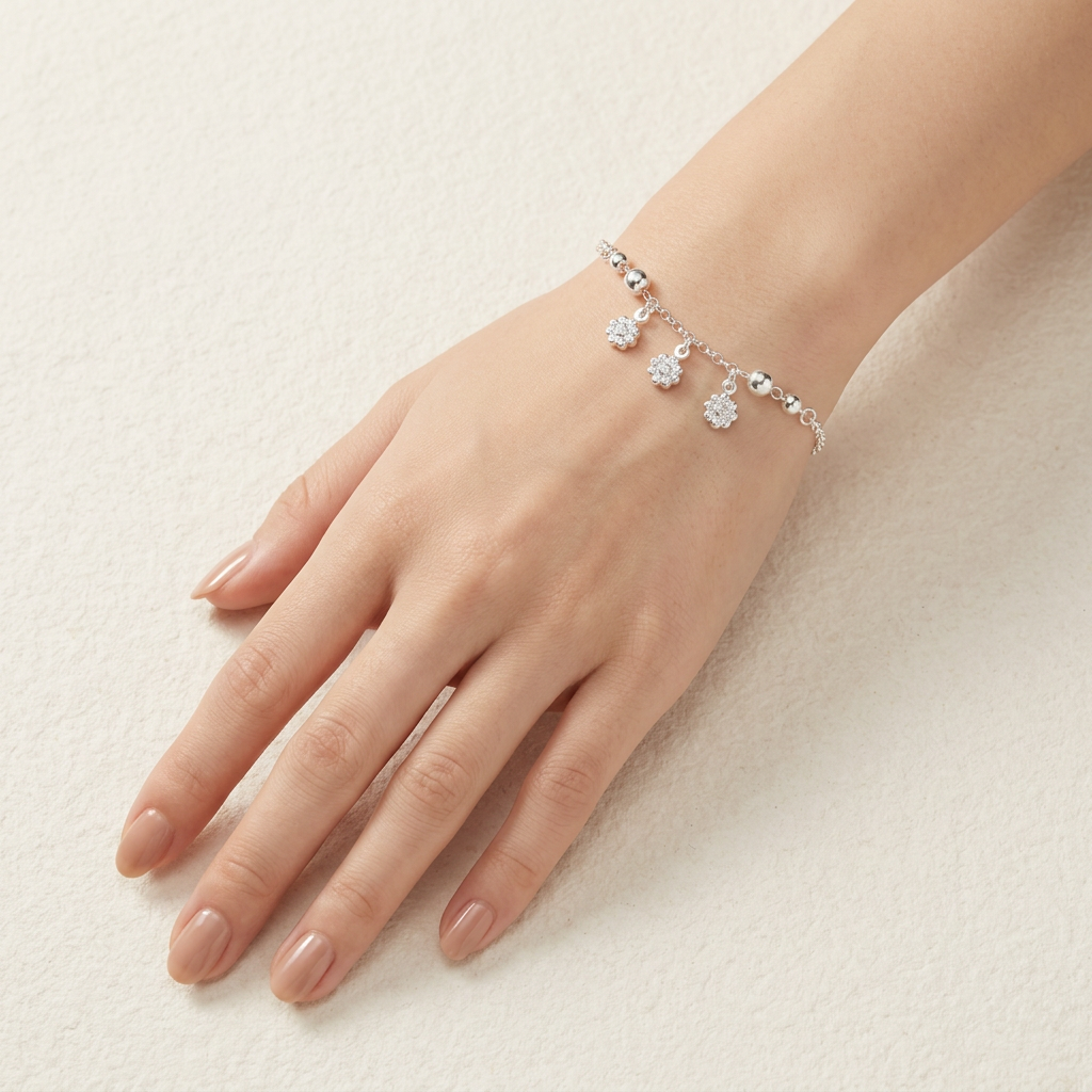 Pulsera de Plata. 925 Diseño de Esferas con Girasoles Colgantes Brillantes con Extensión mod.3283