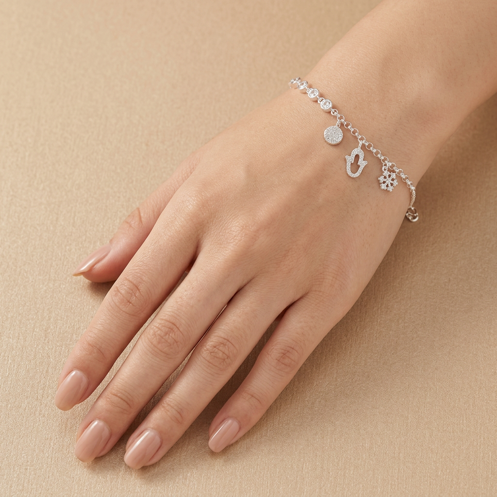 Pulsera de Plata. 925 con Colgante de Ancla y Mano de Fátima mod.3273