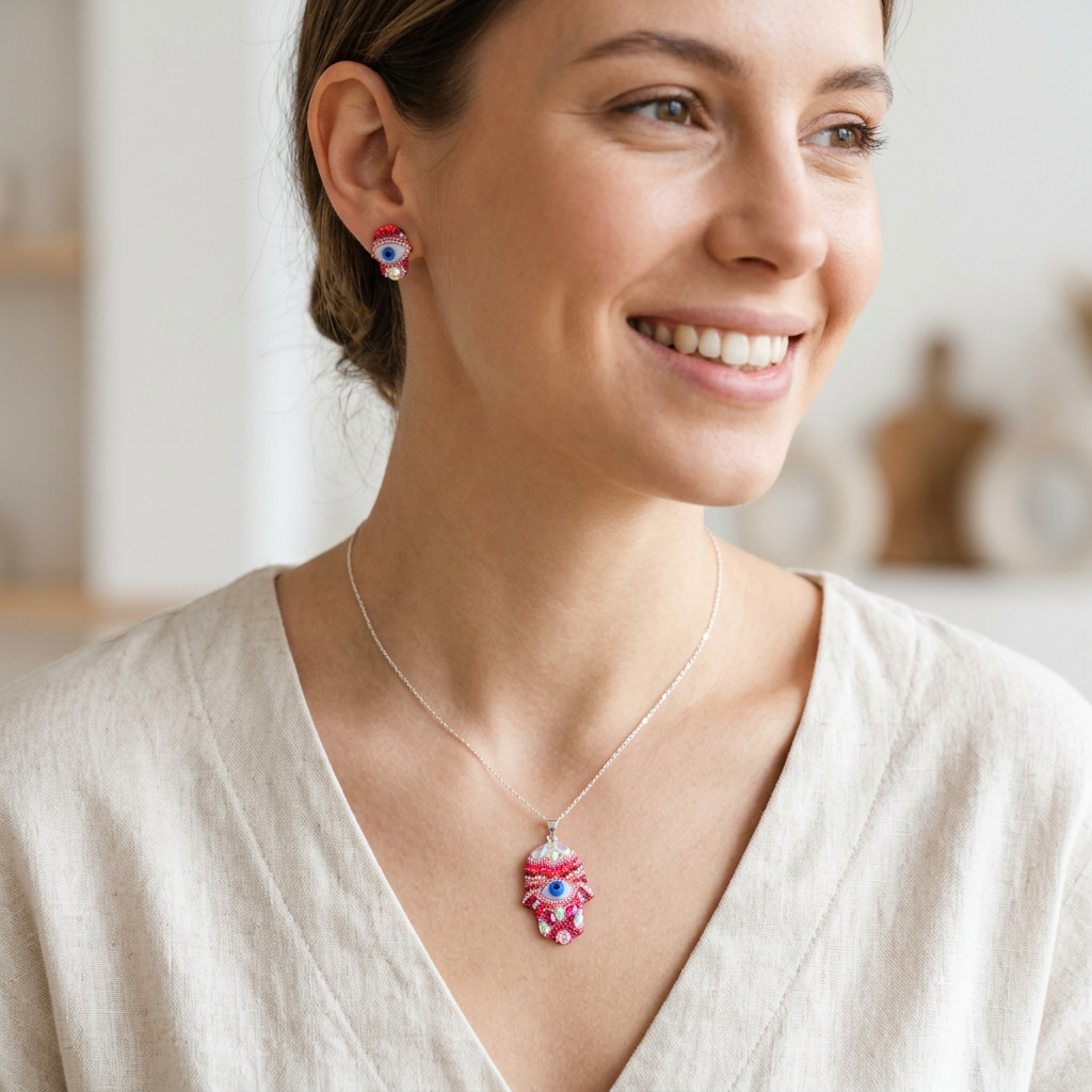 Coordinado de Plata .925 Mano de Fatima Color Rosa y Zirconia mod. 3244