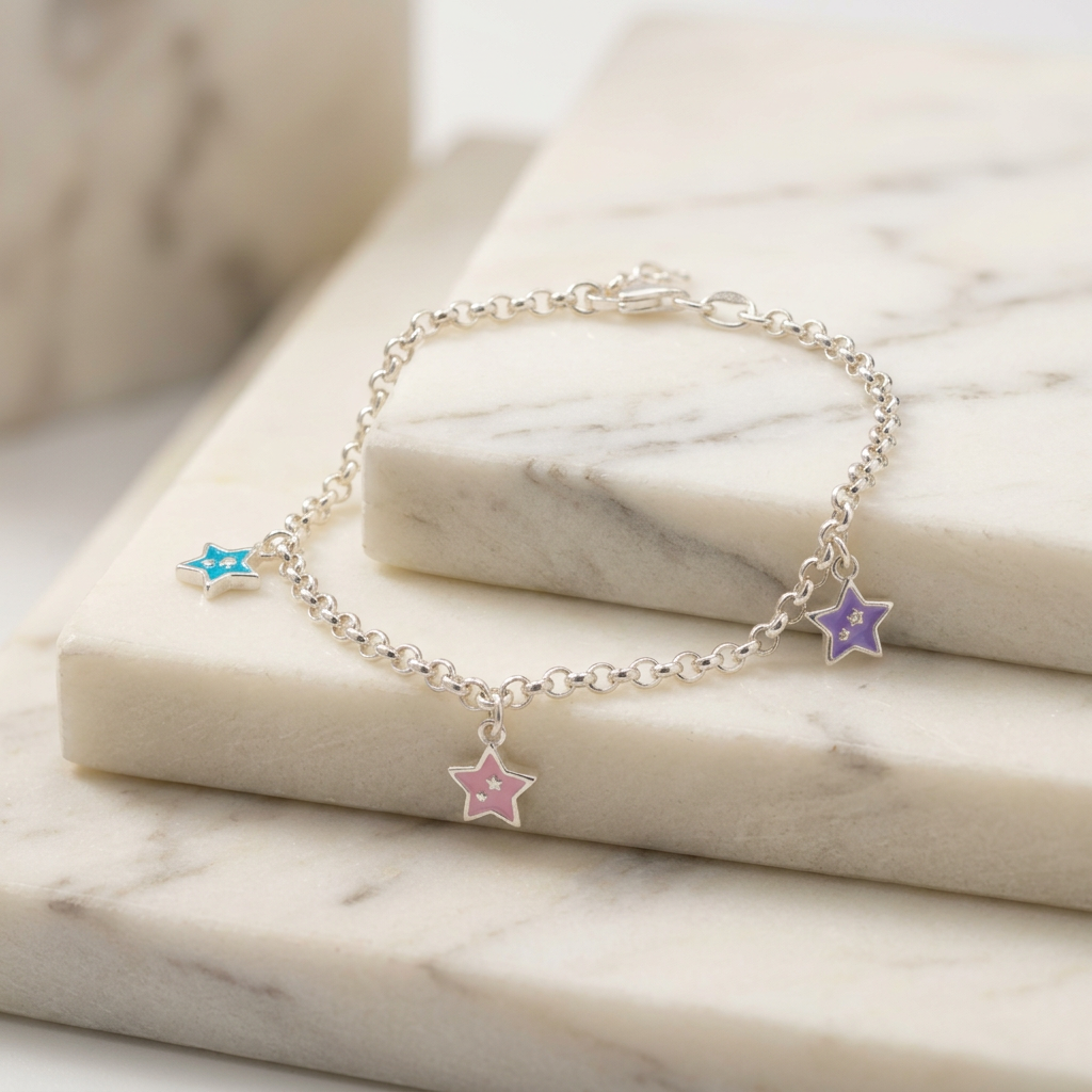 Pulsera de Plata. 925 Diseño de Estrellas Morado, Rosa y Verde Colgante con Extensión mod.3270