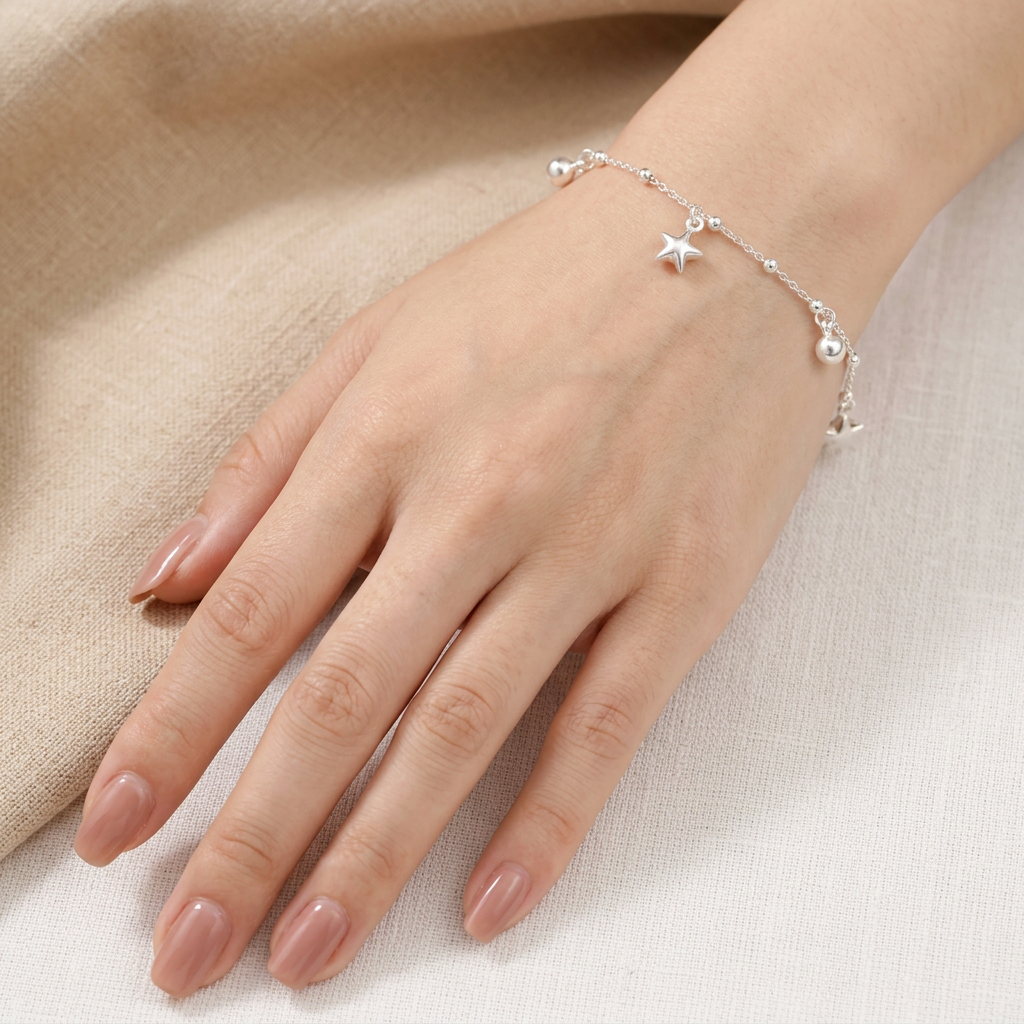 Pulsera de Plata. 925 Tejido 5x1 Con Estrellas y Corazones Colgantes Diseño mod.3280