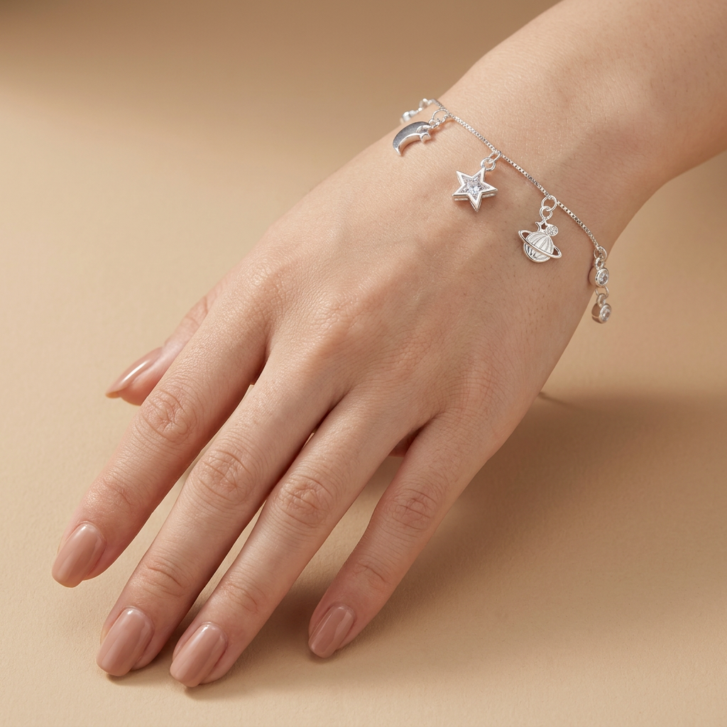 Pulsera de Plata. 925 Diseño de Saturno, Luna y Estrella Colgantes con Extensión  mod.3272
