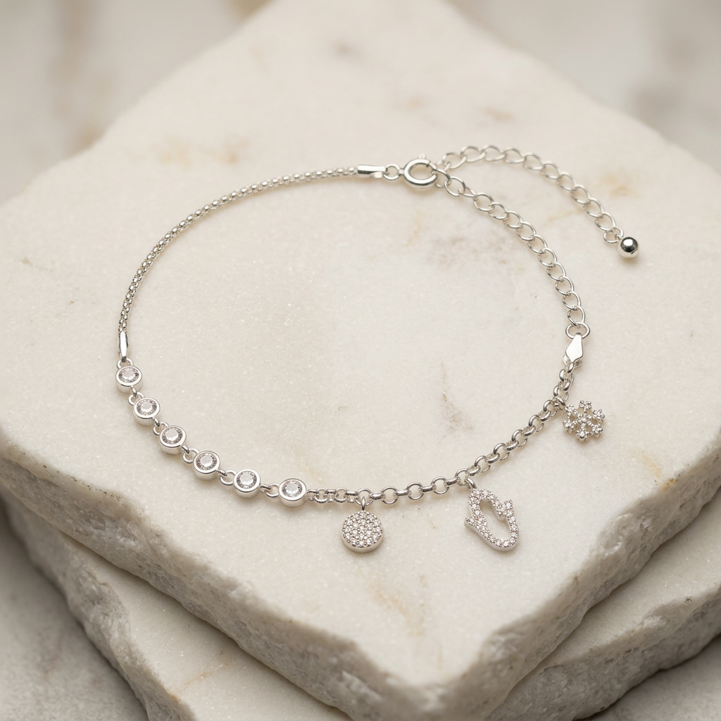 Pulsera de Plata. 925 con Colgante de Ancla y Mano de Fátima mod.3273
