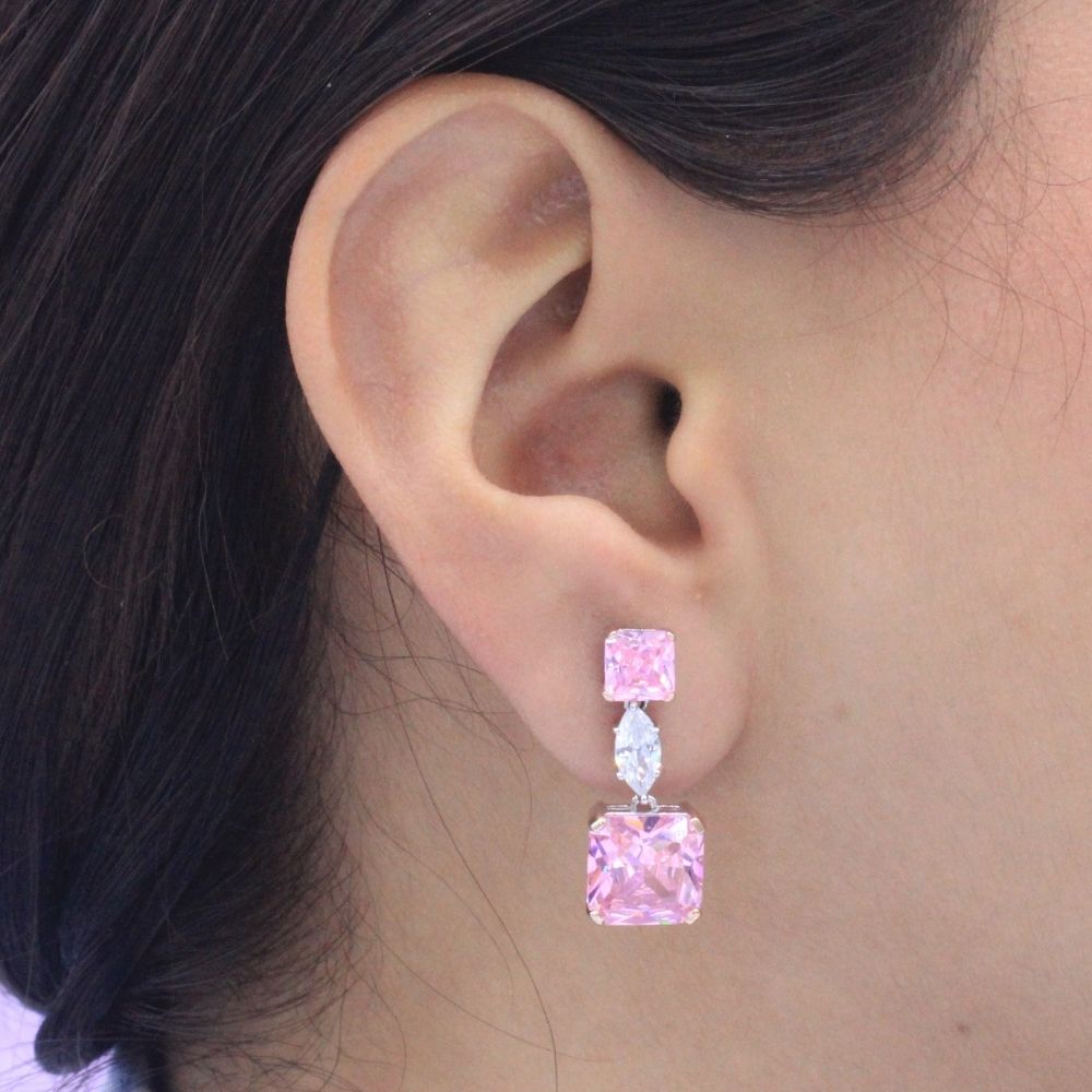 Arete Largo de Plata .925 Diseño Elegante con Moissanita Rosa mod. 1236