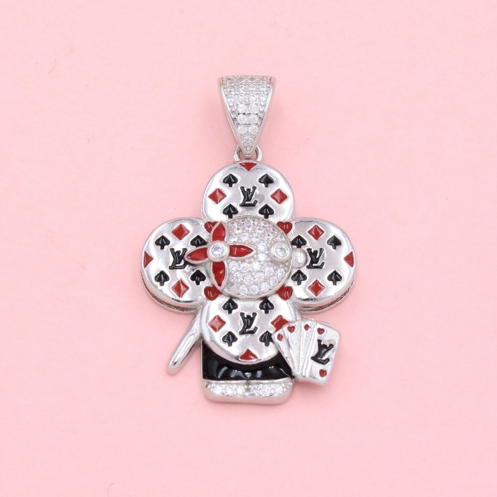 Dije de Plata .925 Mascota Trébol Incrustado con Zirconias Diseño de Poker mod. 1357