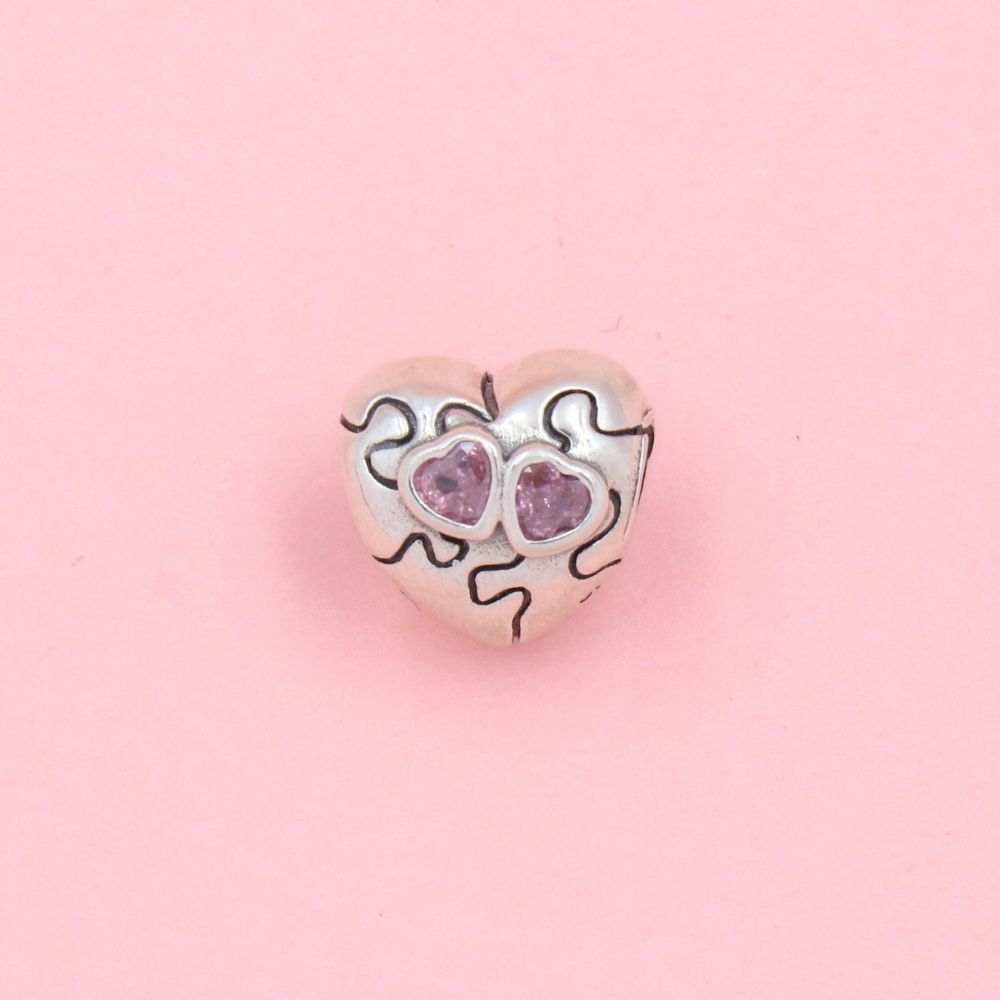 Charm de Plata .925 Corazón de Rompecabeza con Incrustación de Zirconia lila mod. 0941