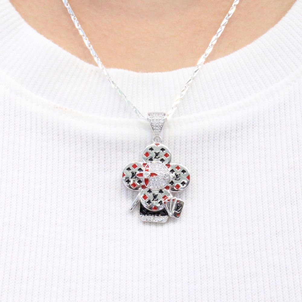 Dije de Plata .925 Mascota Trébol Incrustado con Zirconias Diseño de Poker mod. 1357