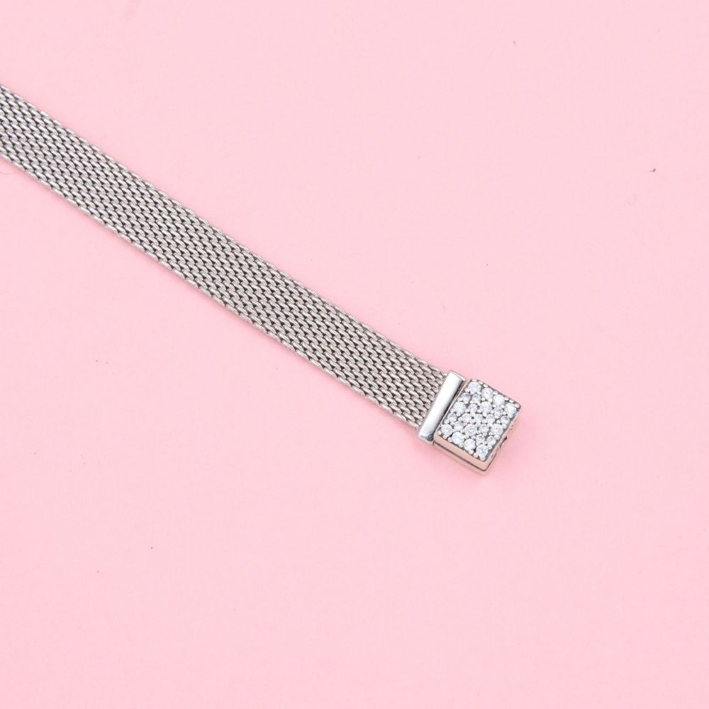 Pulsera de Tejido Plano Estilo Esfera con Broche Incrustado con Zirconias mod. 0811