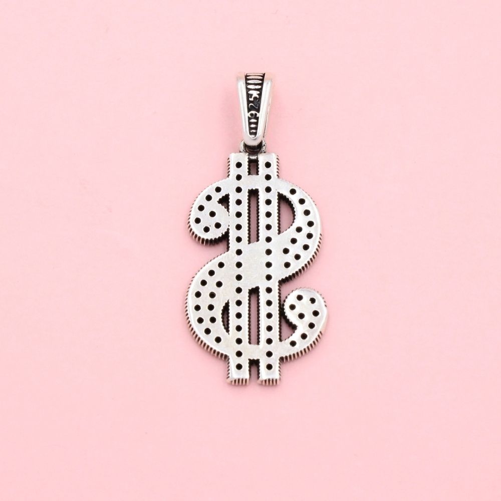 Dije de Caballero Plata .925 Signo de Dólares Incrustado con Zirconia Oscura mod. 1358