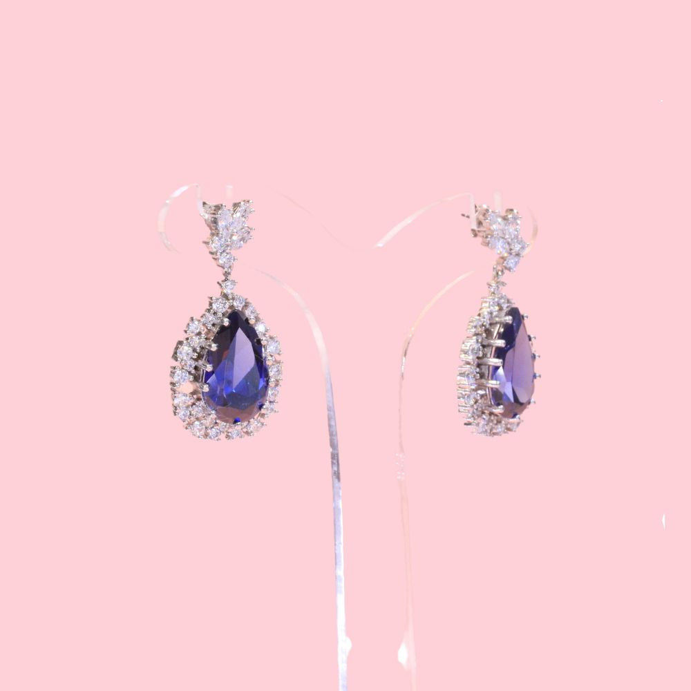 Arete Largo de Plata .925 Diseño Gota del Mar con Zirconia Azul mod. 0628