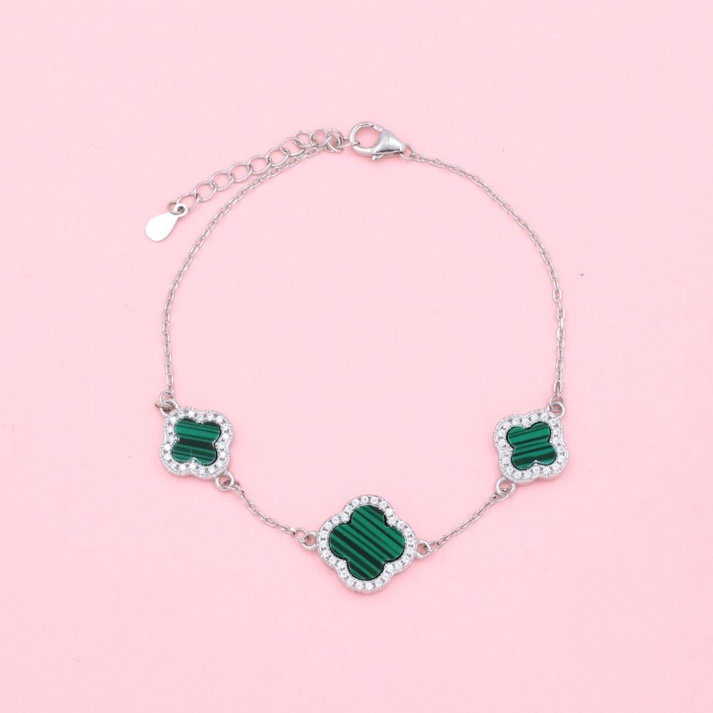 Pulsera con Tréboles de Malaquita Biseladas con Zirconias mod. 0814