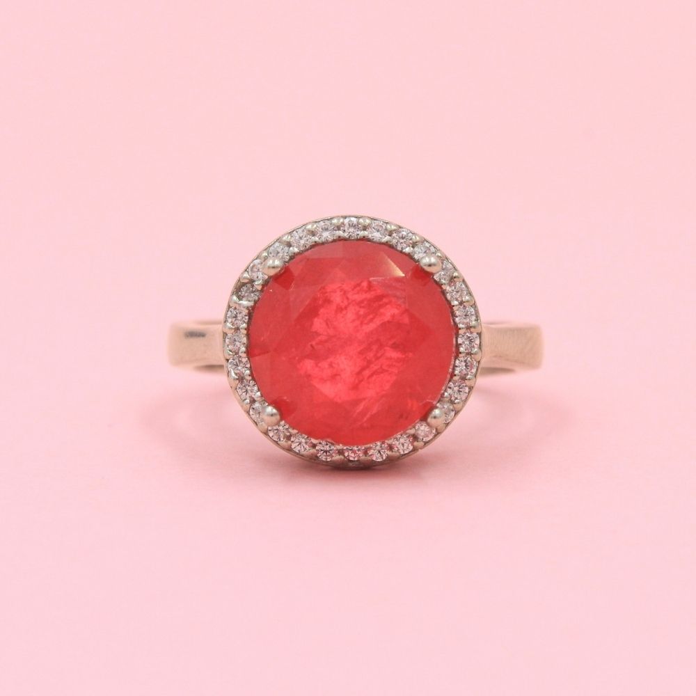 Anillo Especial con Zirconia Redonda Color Rosa Rodonita mod. 0737