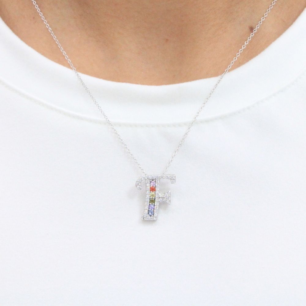 Gargantilla de Plata .925 con Dije de Letra F Incrustado con Zirconias mod. 1075