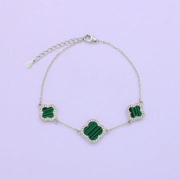 Pulsera de Plata .925 Diseño de 3 Tréboles con Malaquita. 0814