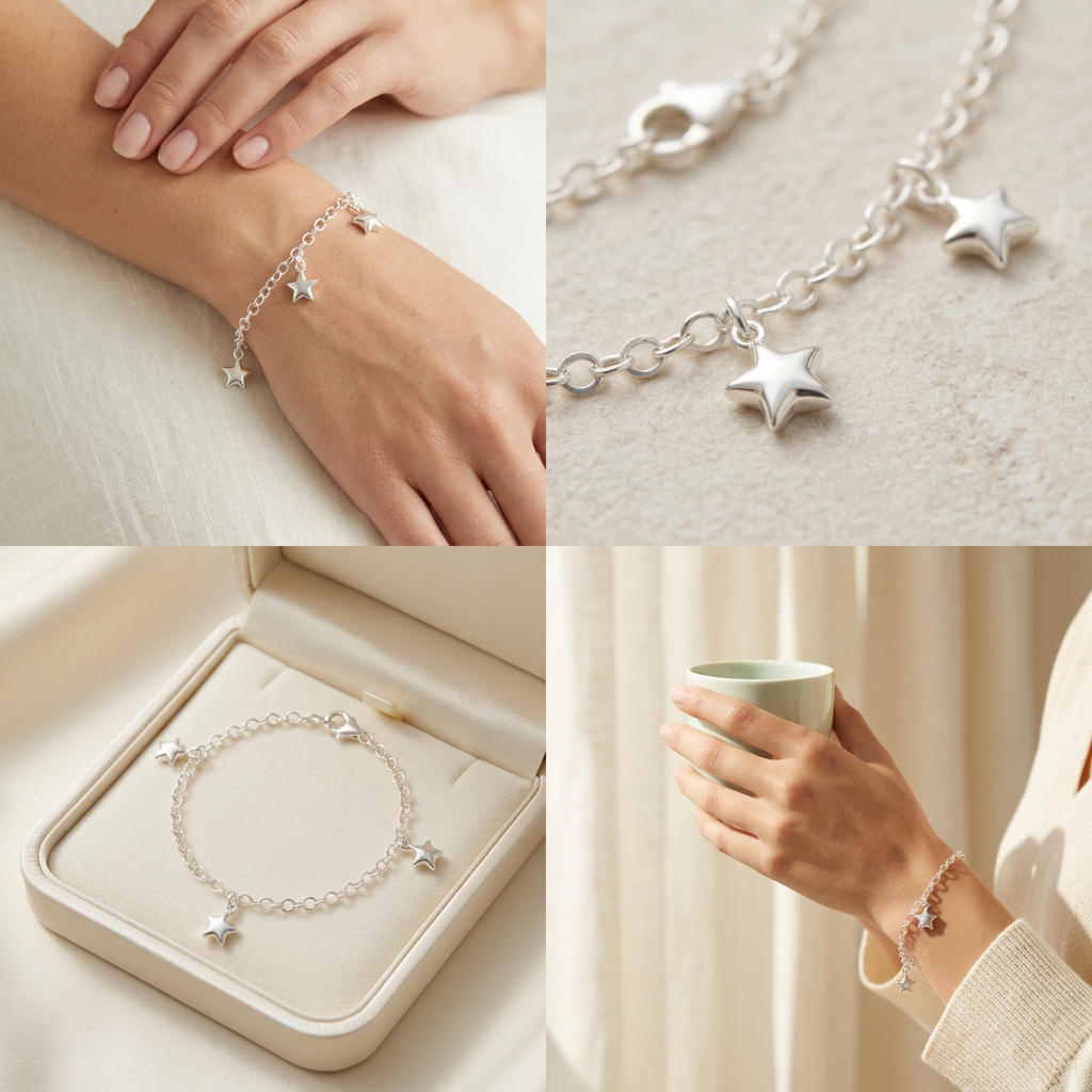 Pulsera de Plata. 925  con Tejido de Circulos y Estrellas Lisas con Colagante  mod.3285