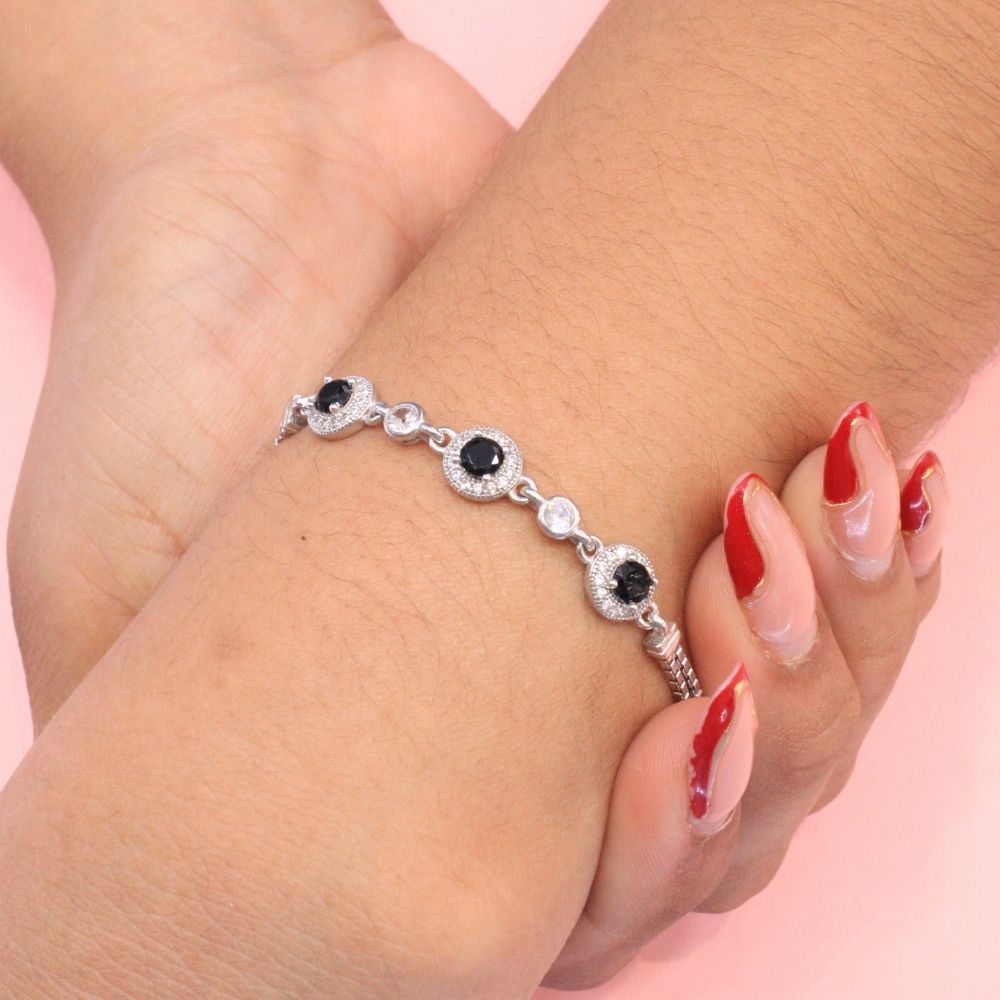 Pulsera de Plata .925 de Tejido Cubo con Piedra Ónix y Zirconias Finas mod. 0998