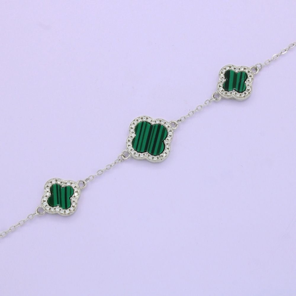 Pulsera de Plata .925 Diseño de 3 Tréboles con Malaquita. 0814