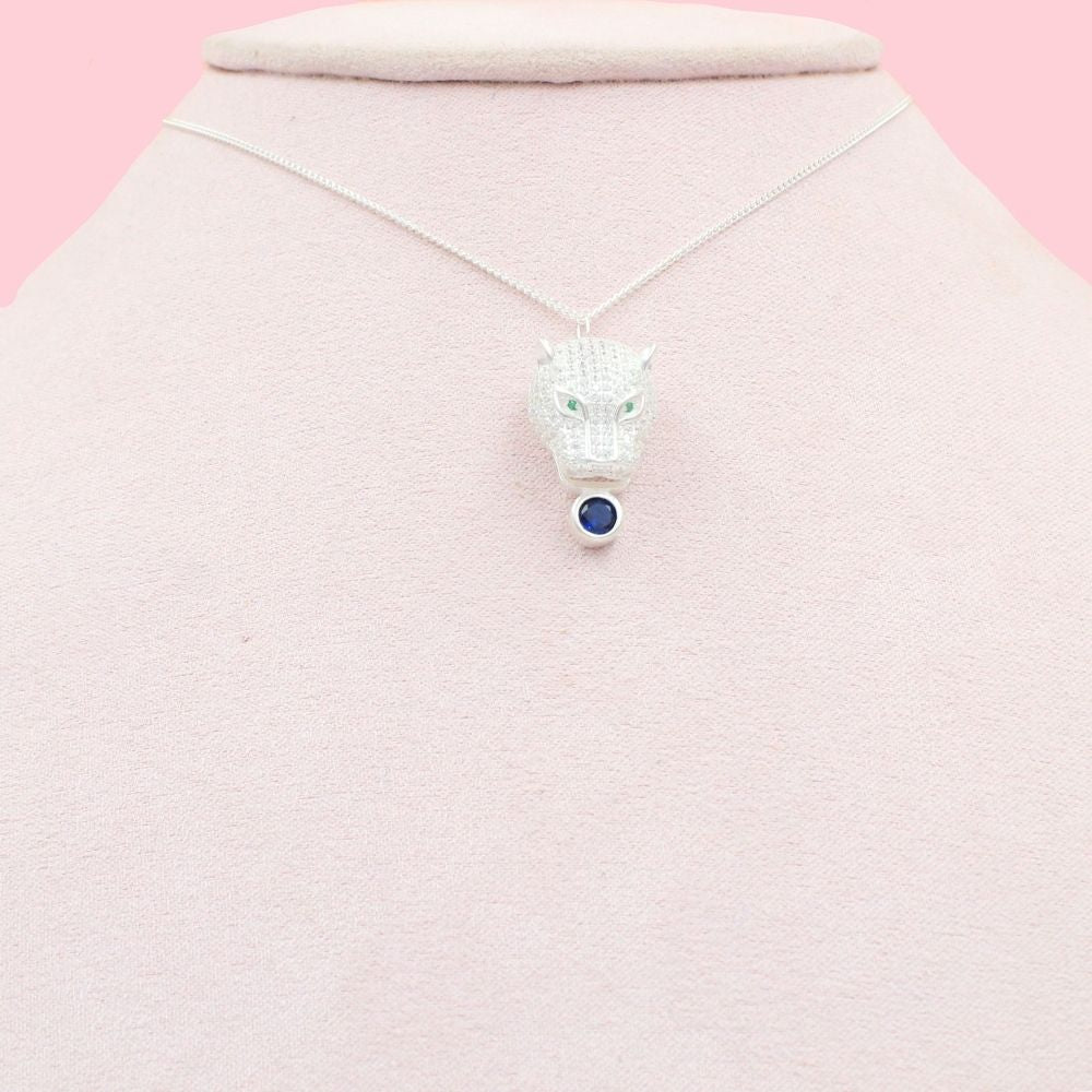 Gargantilla de Plata .925 Pantera Brillante con Zirconias y Piedra Zirconia Color Azul Zafiro mod. 1112