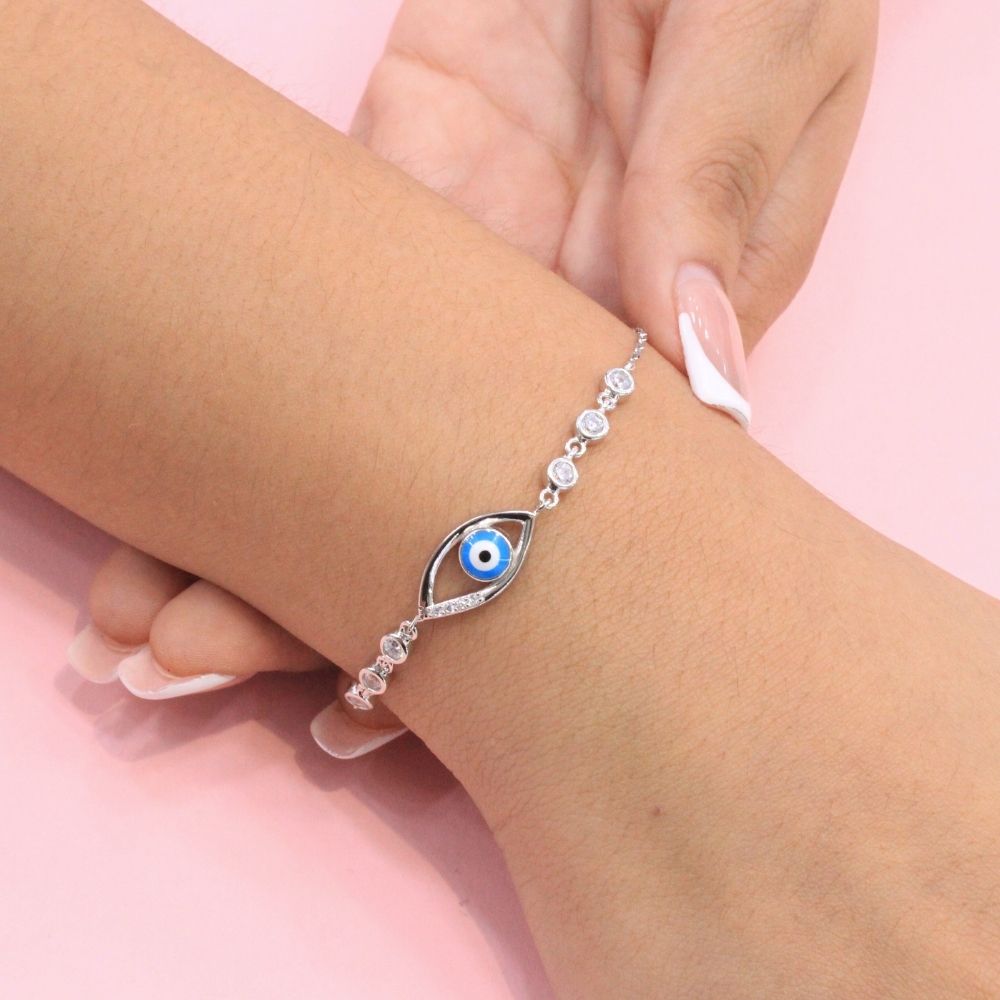 Pulsera de Plata .925 de Tejido Fino con Diseño de Ojo Turco y Zirconias mod. 1331