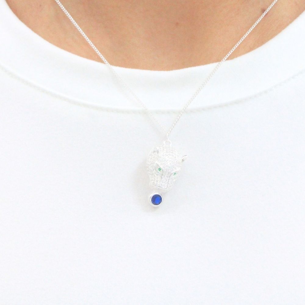 Gargantilla de Plata .925 Pantera Brillante con Zirconias y Piedra Zirconia Color Azul Zafiro mod. 1112