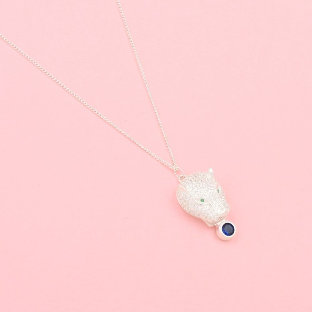 Gargantilla de Plata .925 Pantera Brillante con Zirconias y Piedra Zirconia Color Azul Zafiro mod. 1112