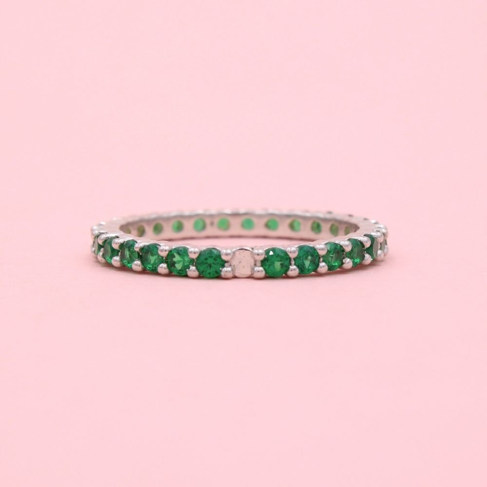 Anillo de Plata .925 Churumbela Fina con Incrustación de Zirconias Color Verde Esmeralda mod. 1369