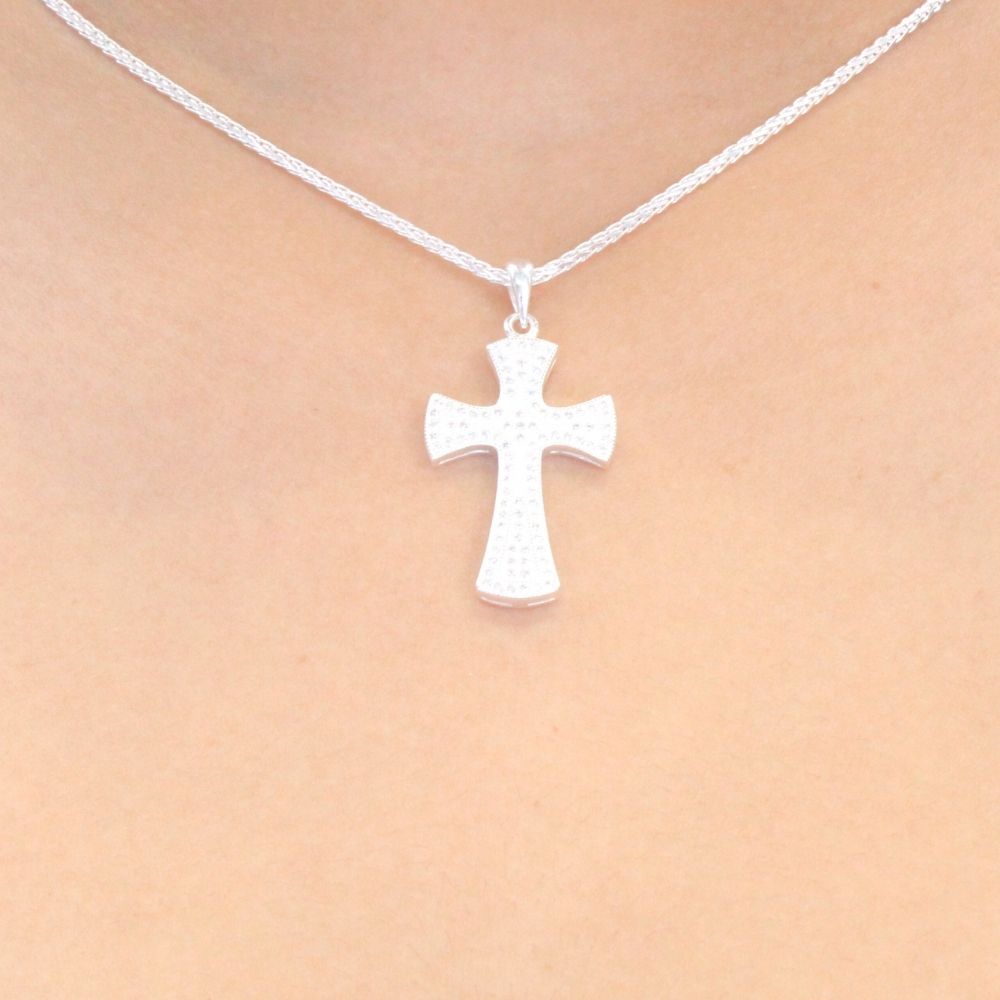 Cruz de Plata .925 con Puntas Onduladas e Incrustada con Zirconias mod. 1118