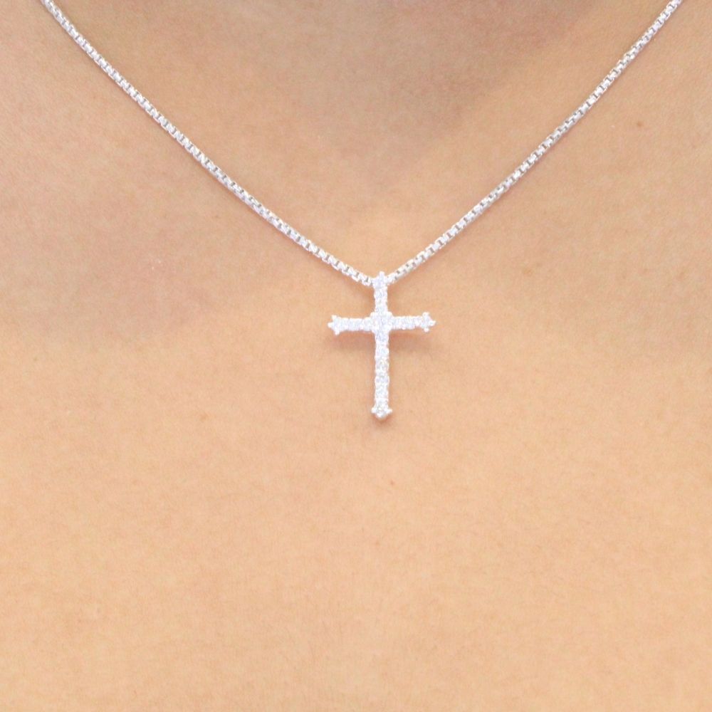 Cruz de Plata .925 con Broche Unido e Incrustación de Zirconias mod. 1121