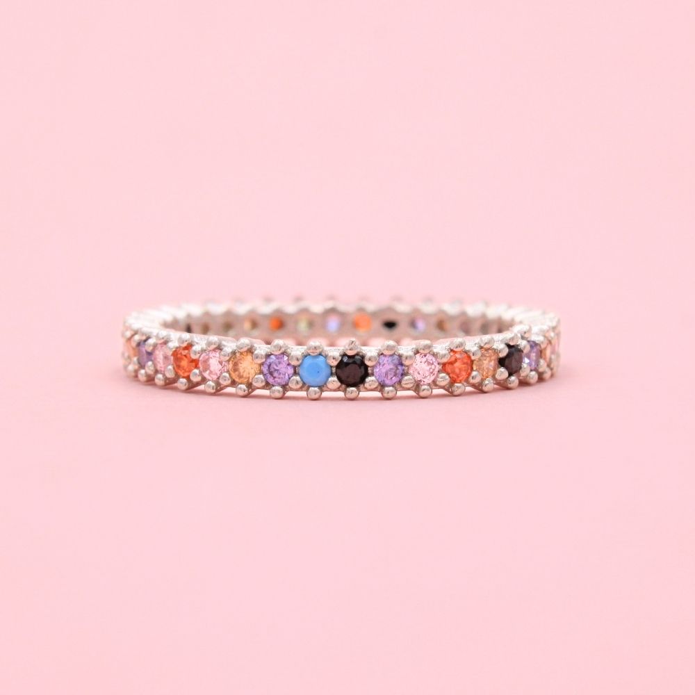 Anillo de Plata .925 Churumbela Fina con Incrustación de Zirconias de Colores mod. 1376