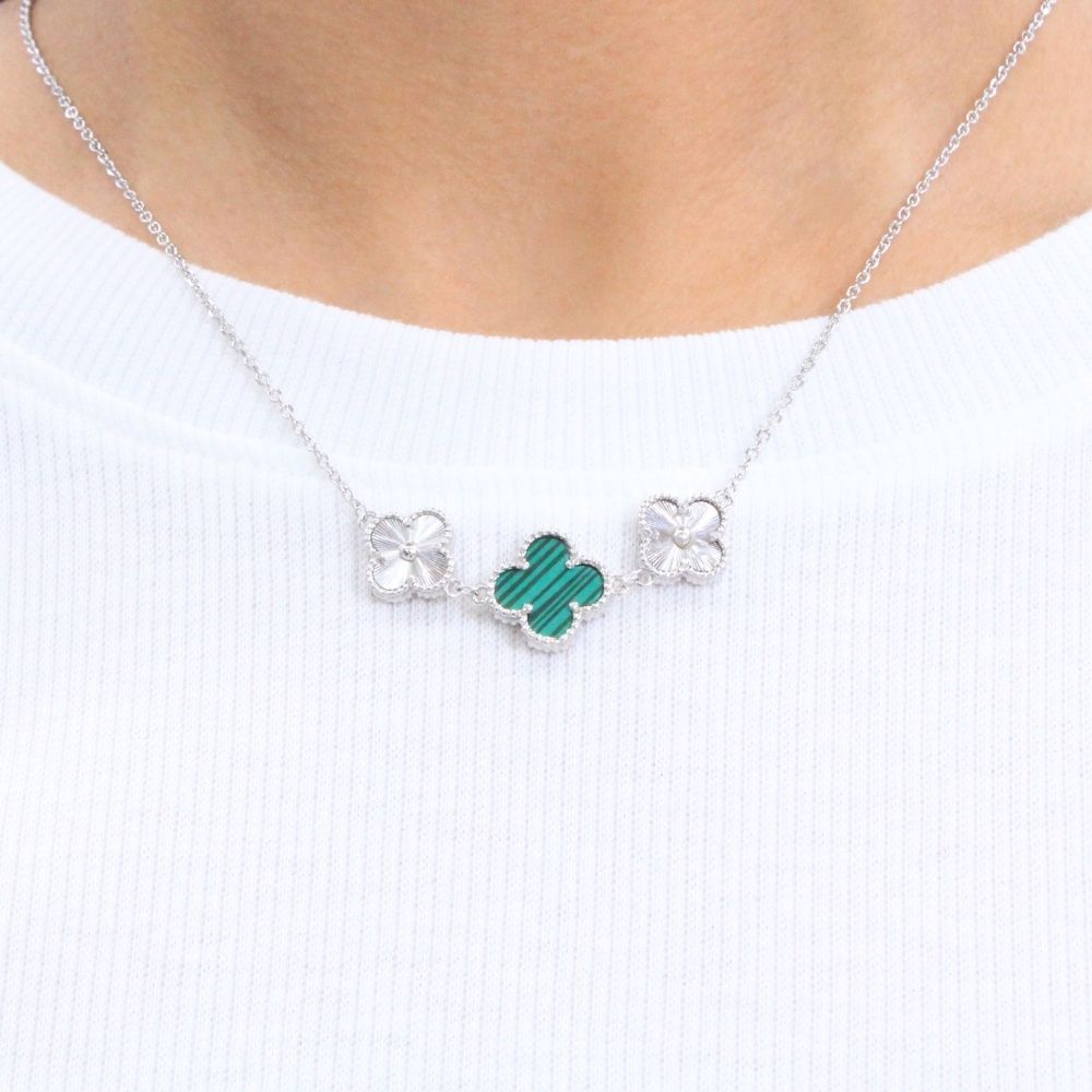 Gargantilla de Plata .925 con Trébol de Malaquita y Diamantado mod. 1021