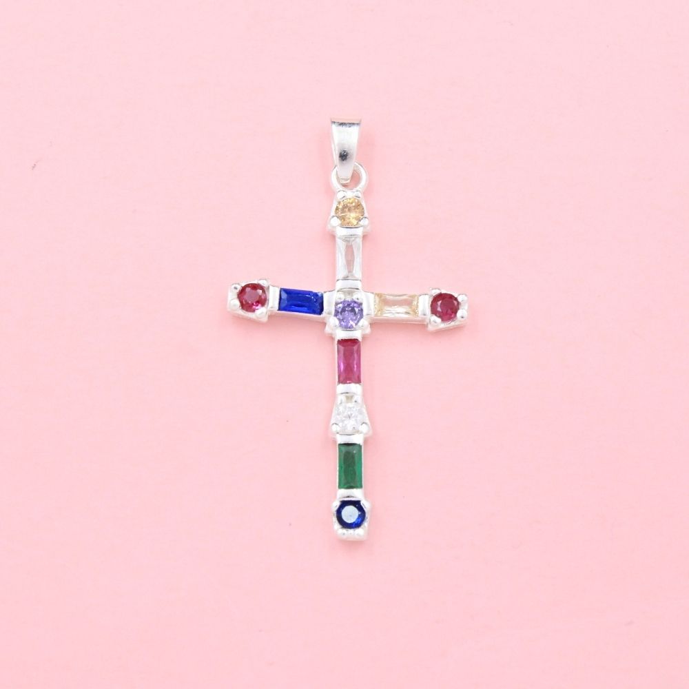 Cruz de Plata .925 Diseño Incrustado con Zirconias de Colores mod. 1124
