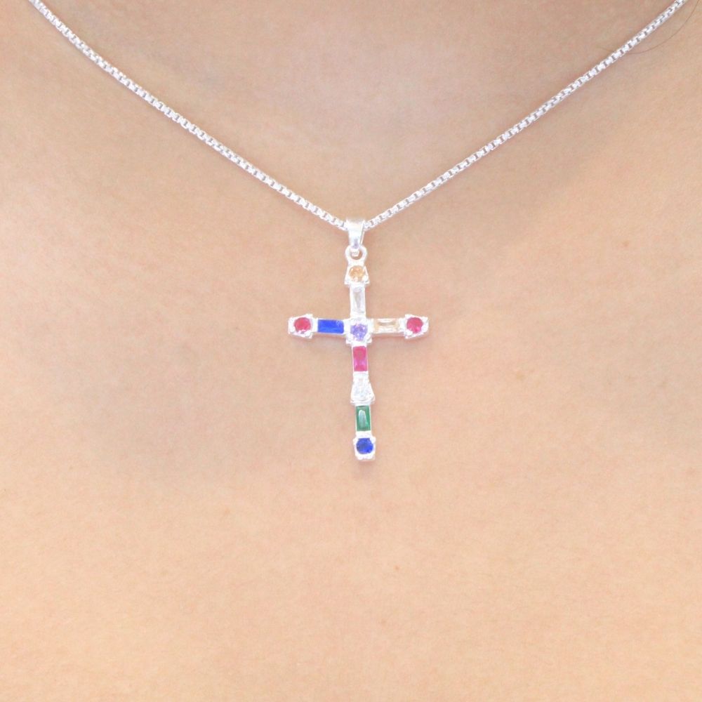 Cruz de Plata .925 Diseño Incrustado con Zirconias de Colores mod. 1124