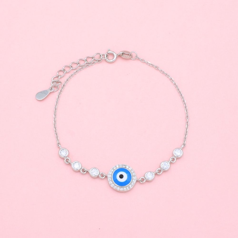 Pulsera de Plata .925 de Tejido Fino con Diseño de Ojo Turco Redondo con Incrustación Zirconias mod. 1333