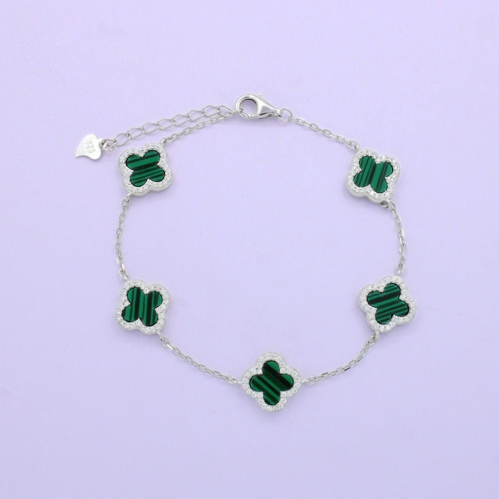 Pulsera de Plata .925 Diseño de Tréboles  Incrustados con Malaquita y Zirconias. 1462