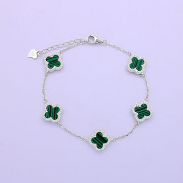Pulsera de Plata .925 Diseño de Tréboles  Incrustados con Malaquita y Zirconias. 1462