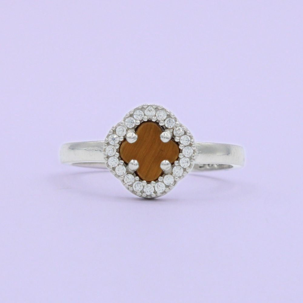 Anillo de Plata .925 Diseño de Trébol de Ojo de Tigre mod. 1043