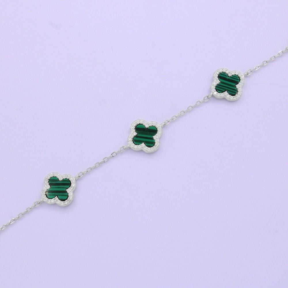Pulsera de Plata .925 Diseño de Tréboles  Incrustados con Malaquita y Zirconias. 1462