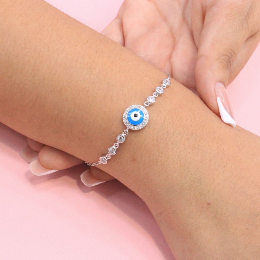 Pulsera de Plata .925 de Tejido Fino con Diseño de Ojo Turco Redondo con Incrustación Zirconias mod. 1333