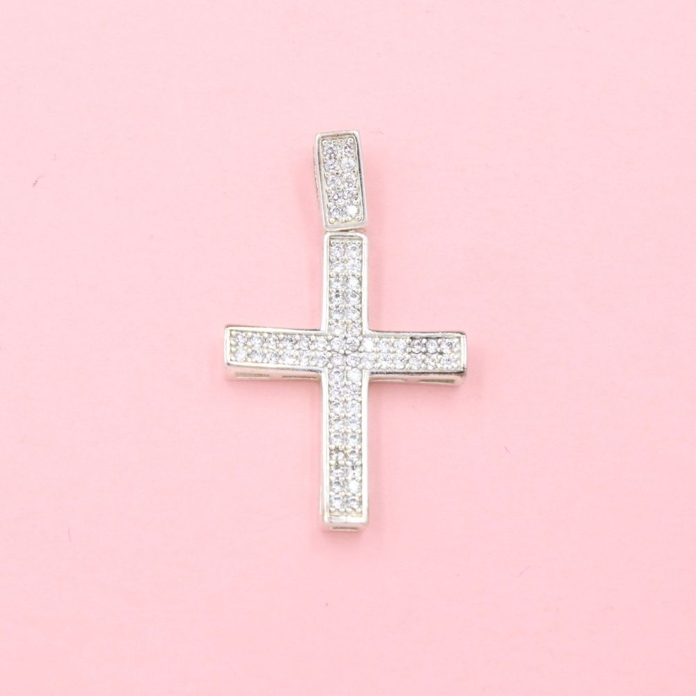 Cruz de Plata .925 Diseño Fino y Hueco Incrustado con Zirconias mod. 1129