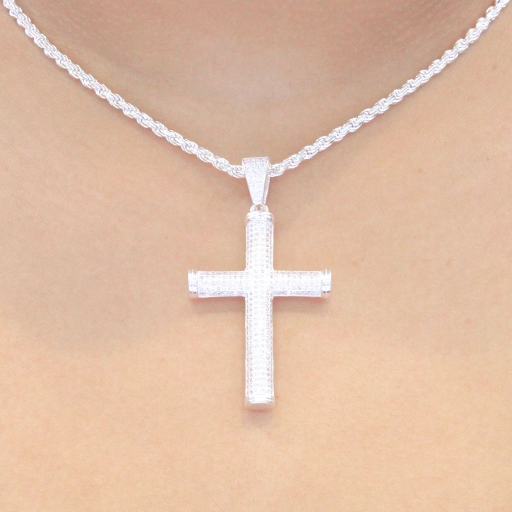 Cruz de Plata .925 Diseño Tubular Hueco con Zirconias Finas mod. 1130