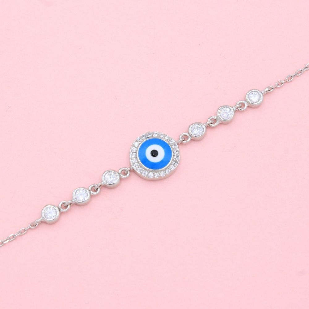 Pulsera de Plata .925 de Tejido Fino con Diseño de Ojo Turco Redondo con Incrustación Zirconias mod. 1333