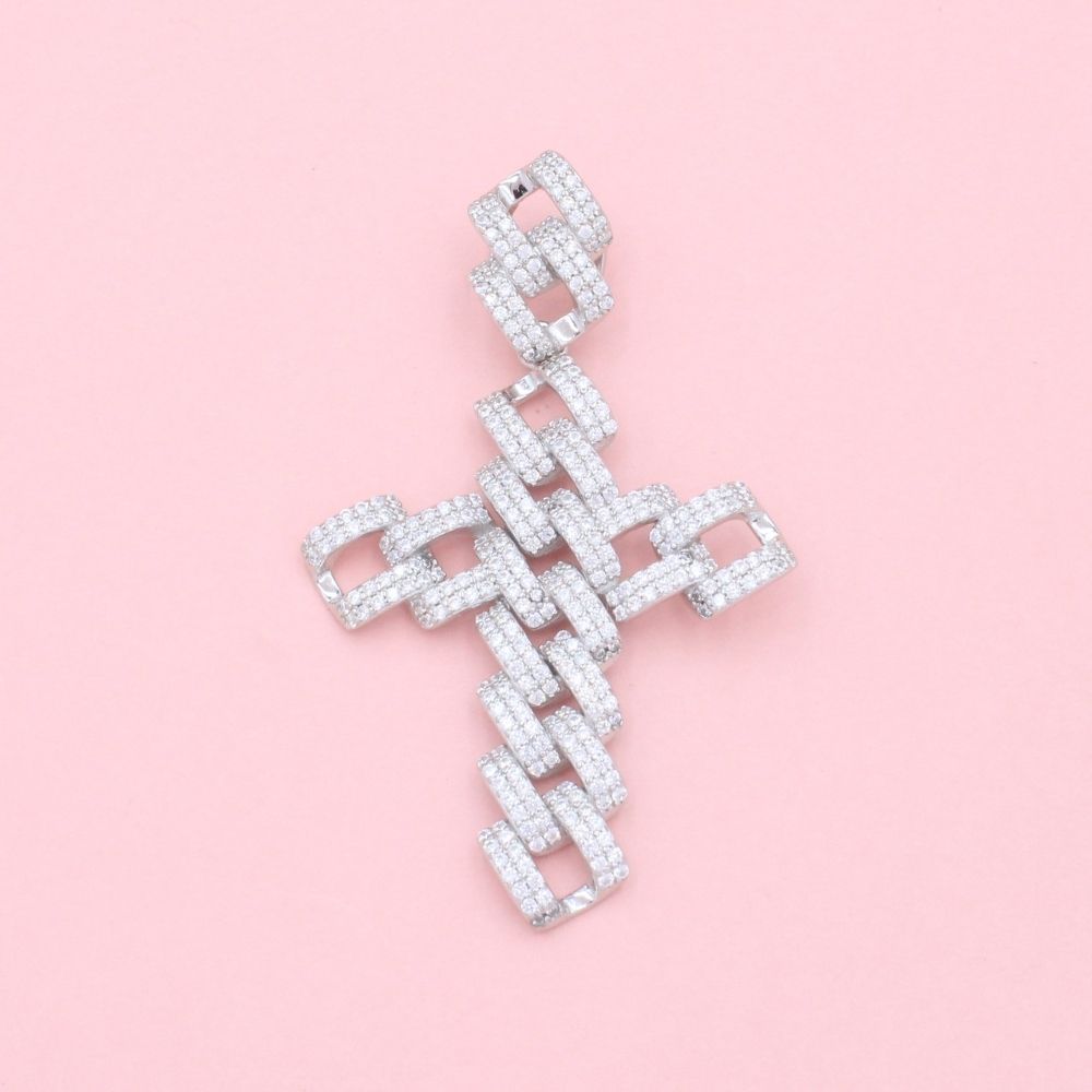 Cruz de Plata .925 Diseño Cubano Hueco con Incrustación de Zirconias mod. 1242