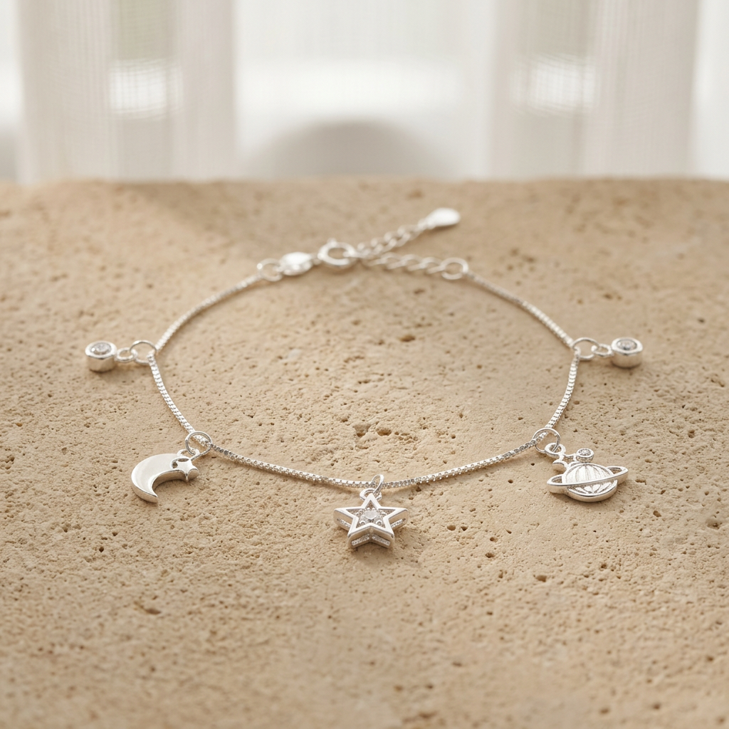 Pulsera de Plata. 925 Diseño de Saturno, Luna y Estrella Colgantes con Extensión  mod.3272