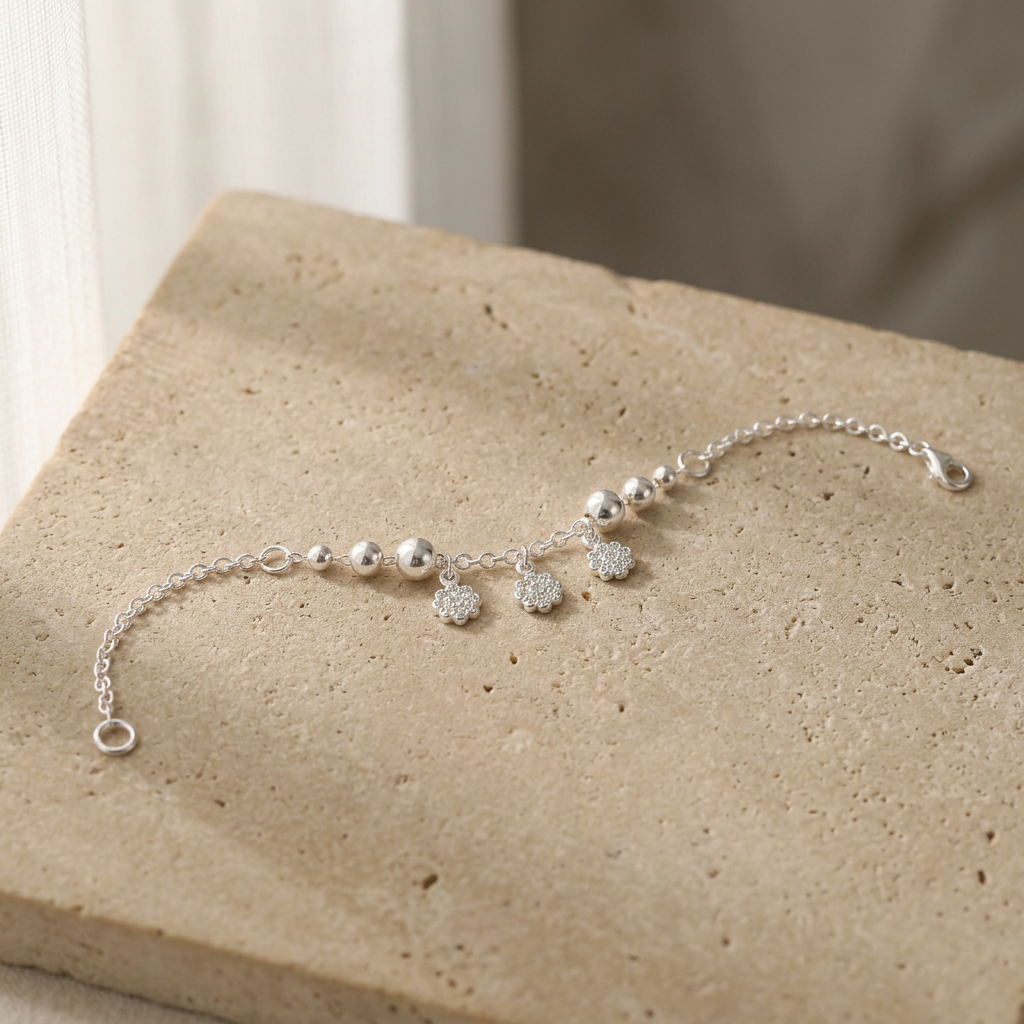 Pulsera de Plata. 925 Diseño de Esferas con Girasoles Colgantes Brillantes con Extensión mod.3283