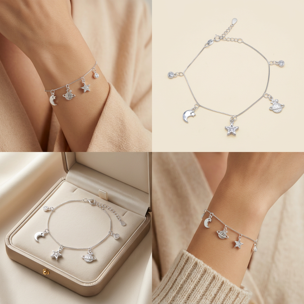 Pulsera de Plata. 925 Diseño de Saturno, Luna y Estrella Colgantes con Extensión  mod.3272
