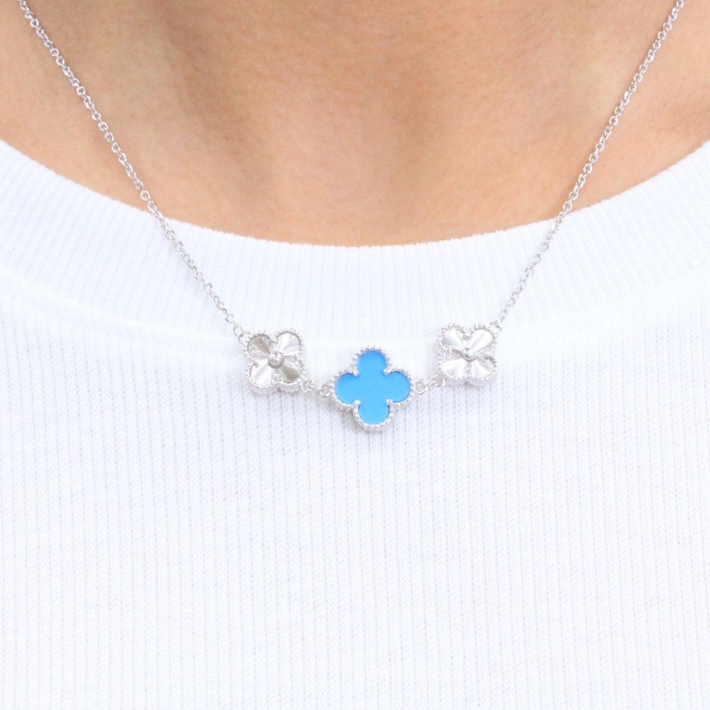 Gargantilla de Plata .925 con Trébol de Turquesa y Diamantado mod. 1022