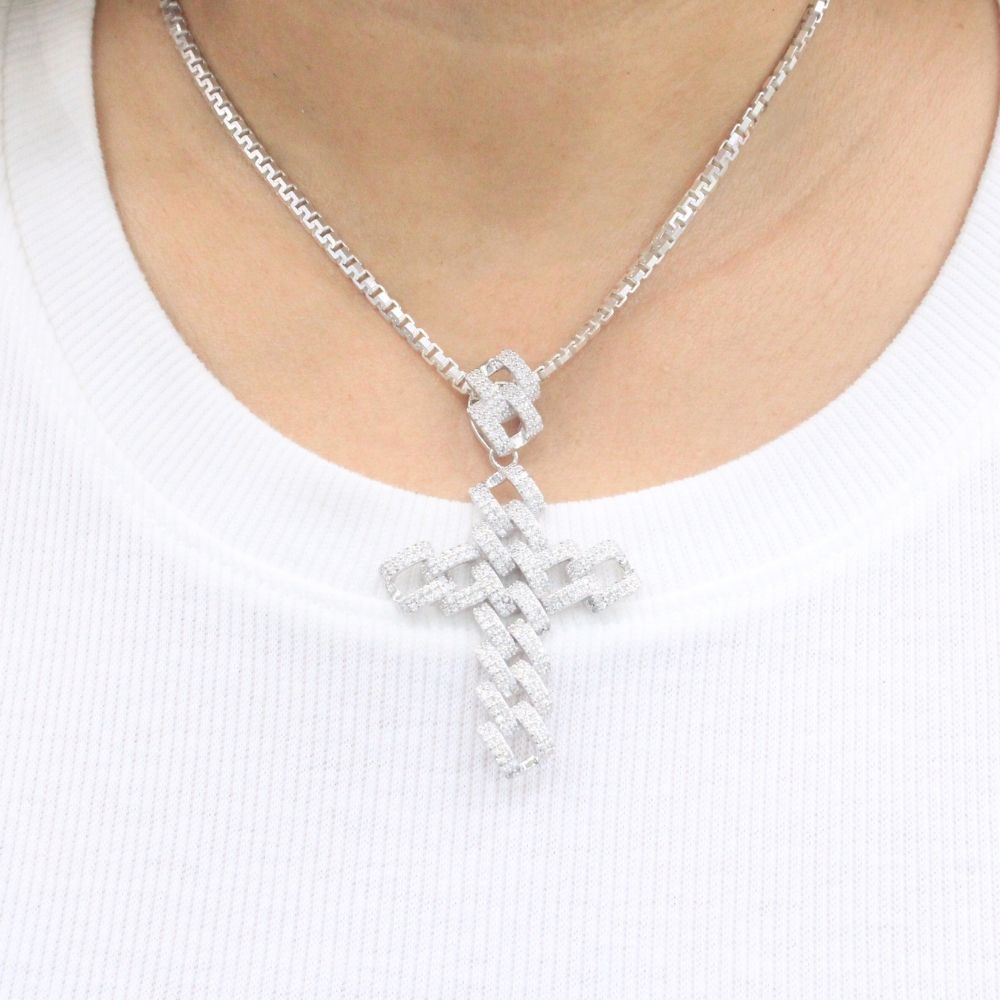 Cruz de Plata .925 Diseño Cubano Hueco con Incrustación de Zirconias mod. 1242