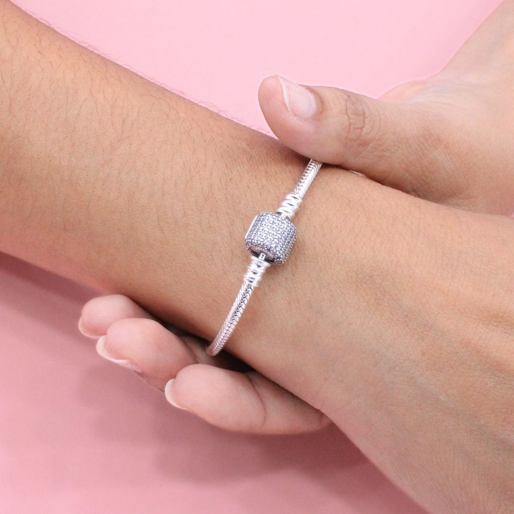 Pulsera Especial de Plata .925 Tejido Cola de Ratón con Broche Cilindro con Zirconias mod. 1286