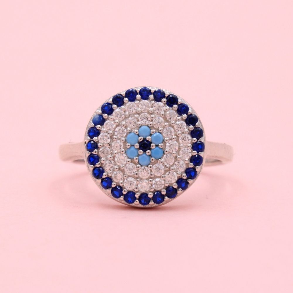 Anillo de Plata .925 con Mandala de Zirconias de Diseño Ojo Turco mod. 1386