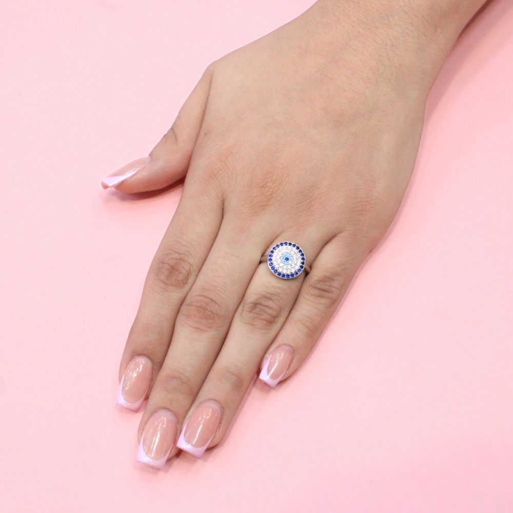Anillo de Plata .925 con Mandala de Zirconias de Diseño Ojo Turco mod. 1386
